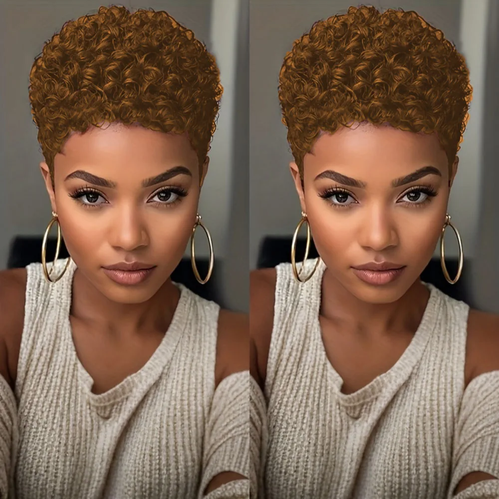 ความหนาแน่น 150% 4 นิ้วเต็มรูปแบบทําวิกผมสั้น Afro Curly วิกผมผมมนุษย์ Afro วิกผมสั้นสําหรับผู้หญิง Pixie ตัดวิกผมผมมนุษย์