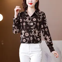 Clothing Turn-down Collar Flower Printing Button Long Sleeve Cardigan Chiffon Shirt Spring Autumn Flattering Office Lady Tops