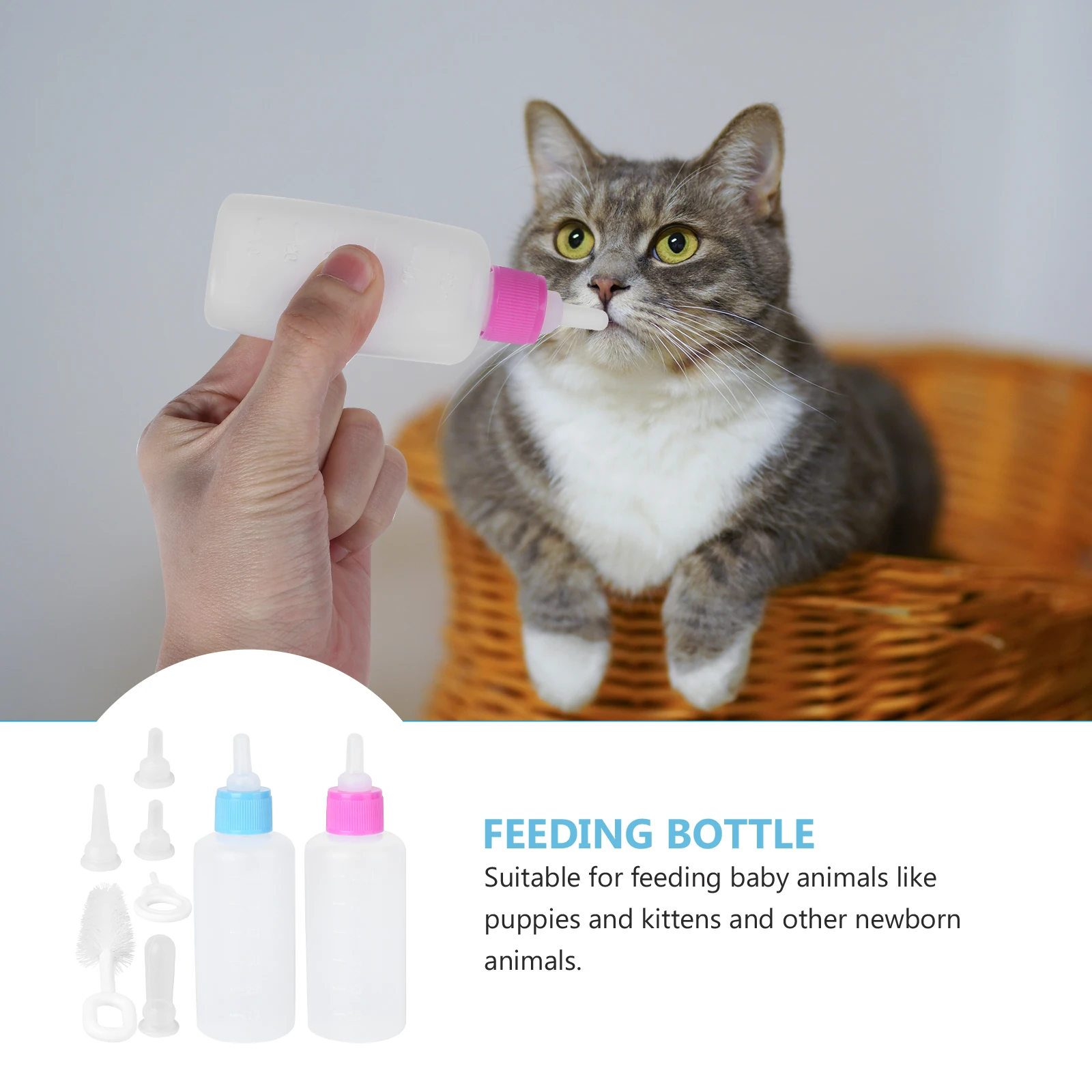 

2 Sets 60ml Bottle Kit Food Grade Nursing Feeder with Cleaning Brush for Cats Dogs Puppies Kittens Newborn Animals Pet