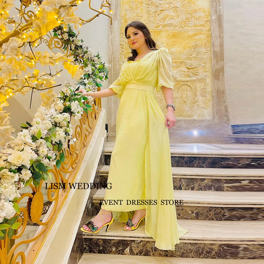 

LISM Vintage Lemo Yellow Chiffon Evening Dresses Arabic Women Half Sleeves Ankle Length Prom Gowns Formal Party Dress Occasion