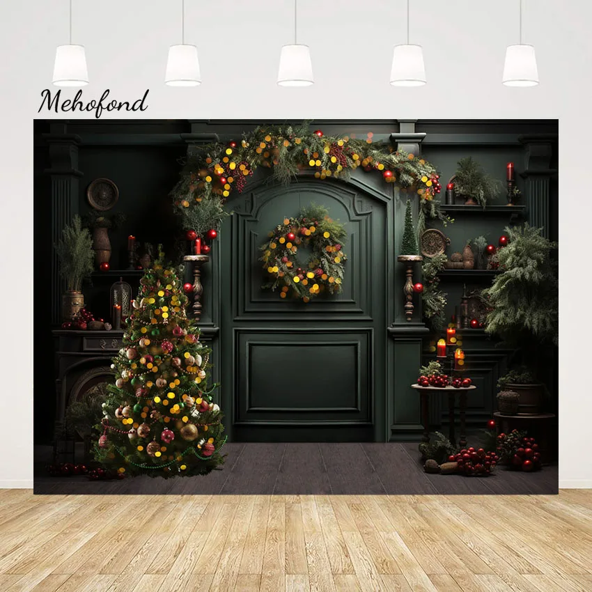 

Mehofond Christmas Tree Glitter Photography Backdrop Family Festival Portrait Xmas Wreath Decor Photo Background Photo Studio