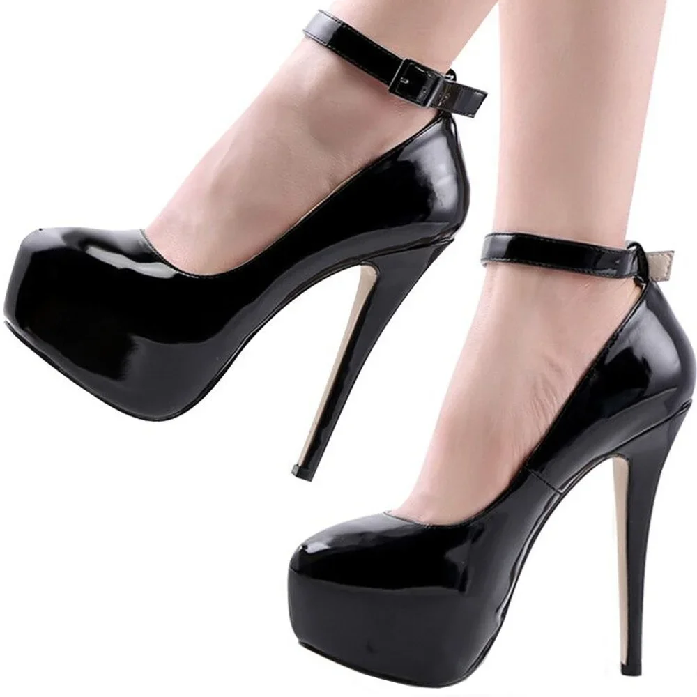 LOSLANDIFEN Women\'s 14cm Round Toe Ankle Strap Thin Heel Slingback Platfrom Pumps High Heels Stilettos Party Wedding Dress Shoes