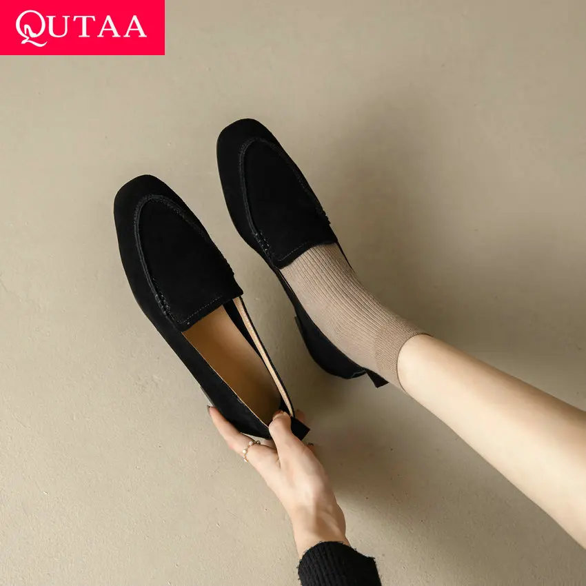 QUTAA 2023 Spring Summer New Arrival Women Low Heel Vintage Pointed Toe Genuine Leather Shoes Woman Office Casual Size 34-39