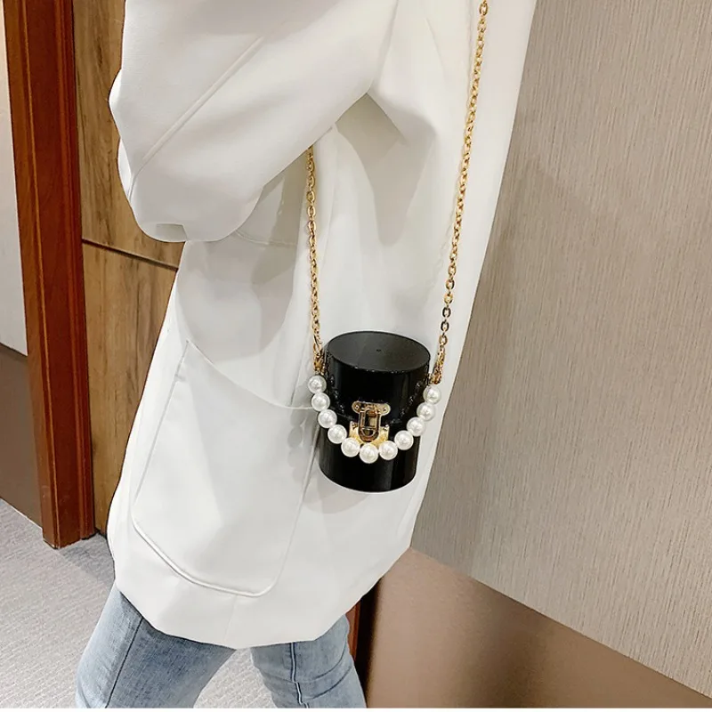 Acrylic Transparent Bucket Bag New Fashion Personalized Chain Single Shoulder Crossbody Mini Pearl Mouth Red Bag