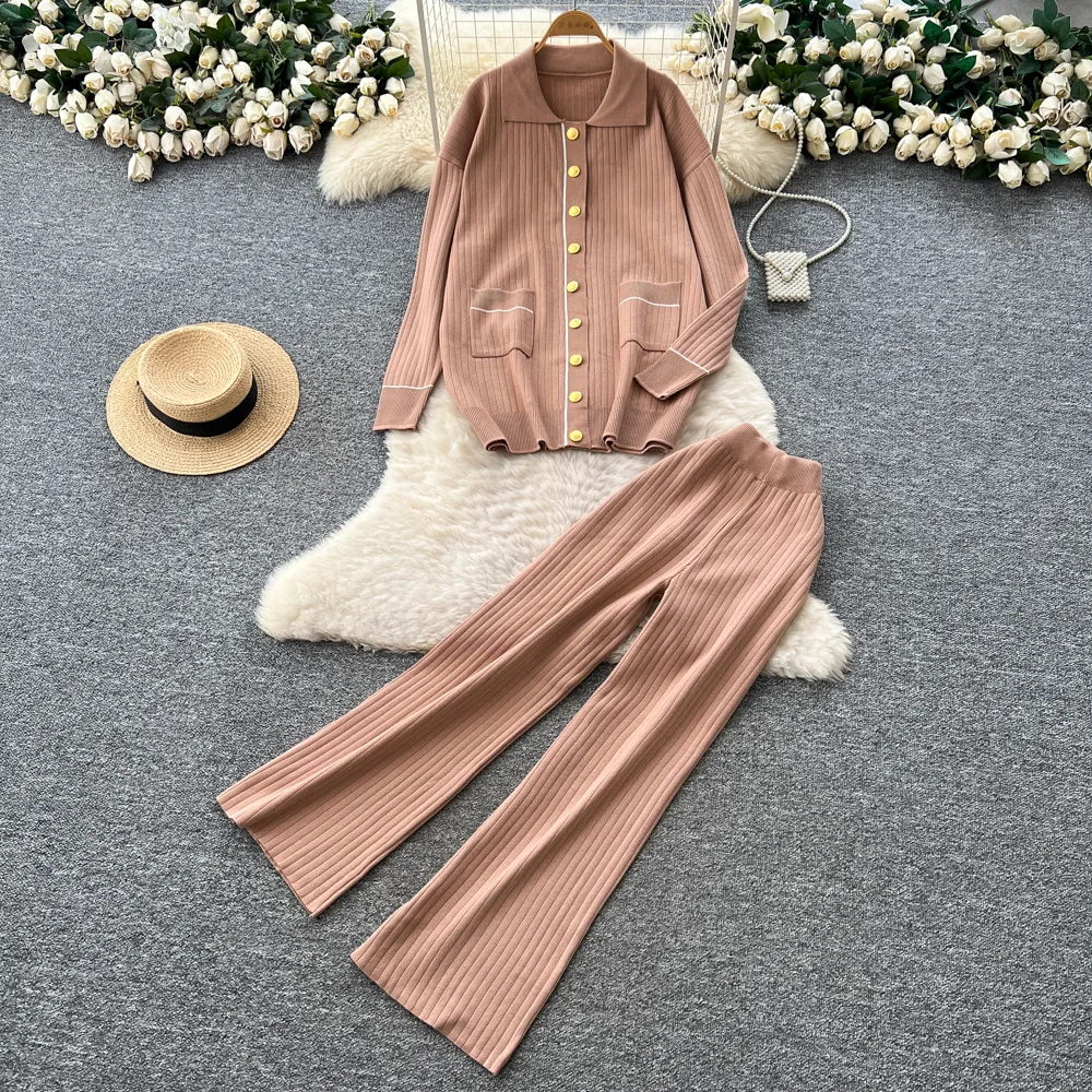 

Pants Set Women Two Piece Sets Turn Down Collar Knit Tops Wide Leg Long Pants Elastic Waist Y2k Streetwear Work Autumn Winter