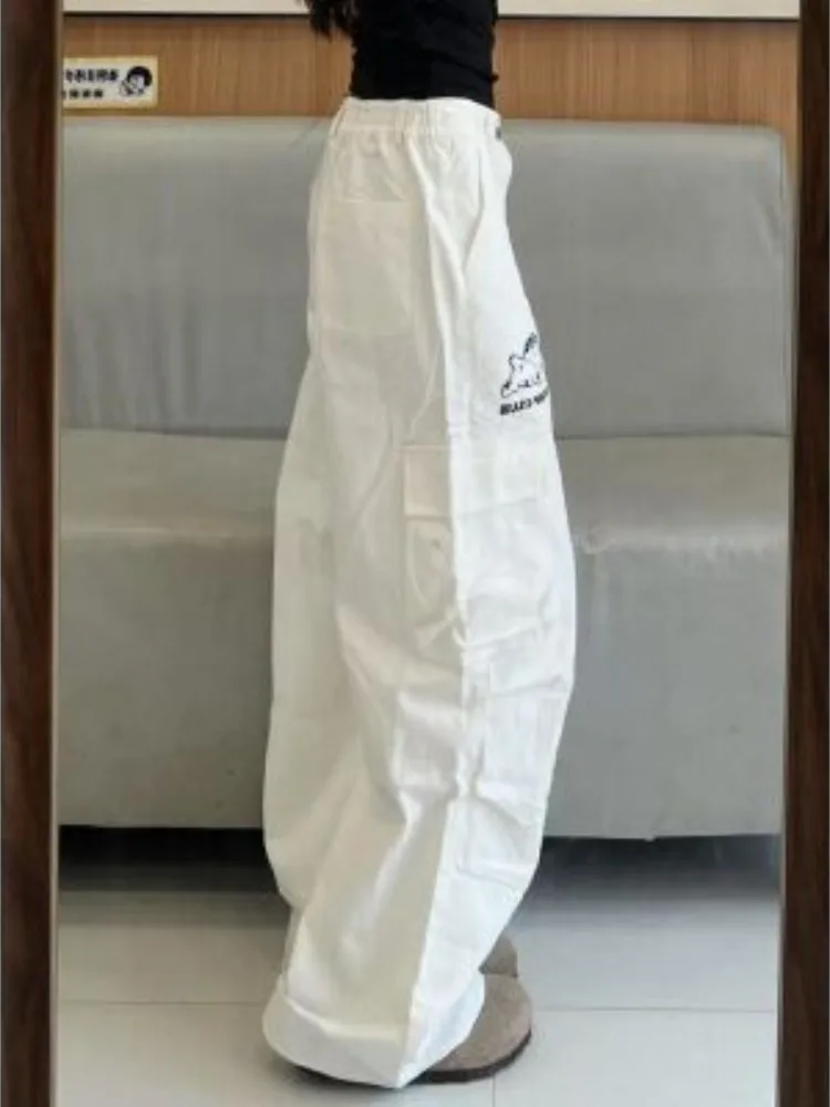 

Американские рабочие брюки с белой собакой и вышивкой, женские летние дизайнерские свободные утягивающие драпированные широкие брюки длиной до пола