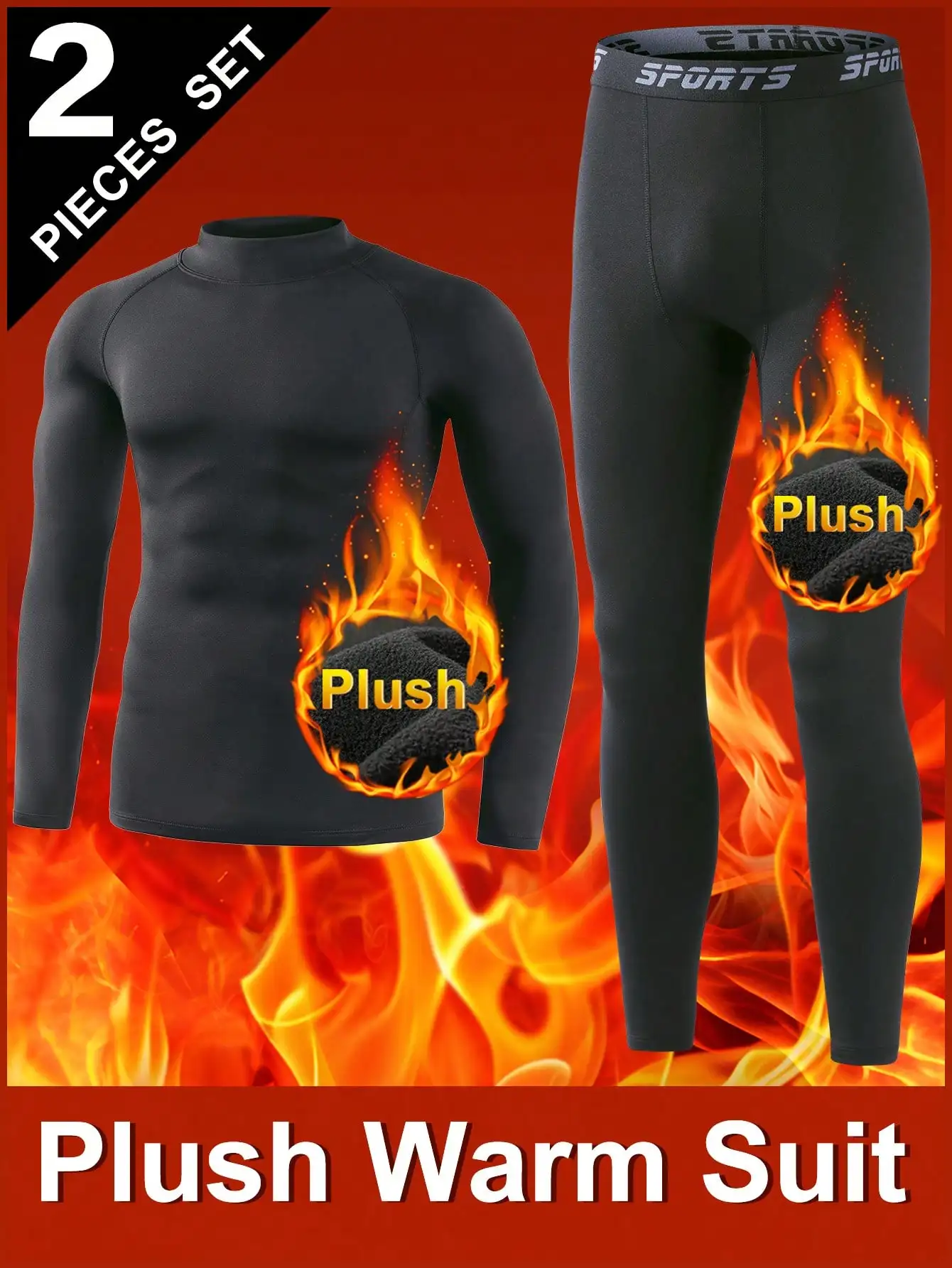 

Men's 2-Piece Plush Thermal Underwear Set - Long Sleeve Top & Pants, Black, Warm for Cold Weather