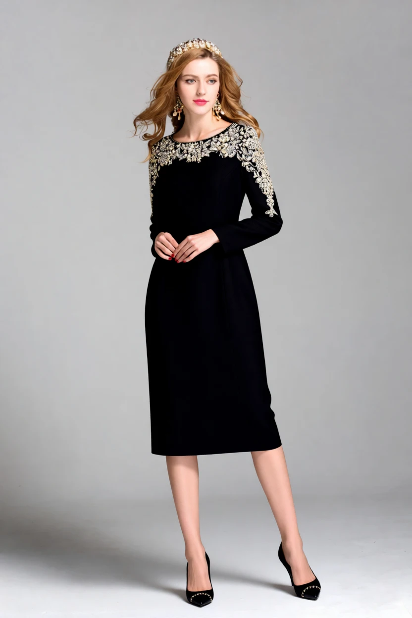 فستان كوكتيل نسائي بأكمام طويلة مع نير مزين بالكريستال الذهبي - سهرة أنيقة، حفلة، فستان أم العروس #2