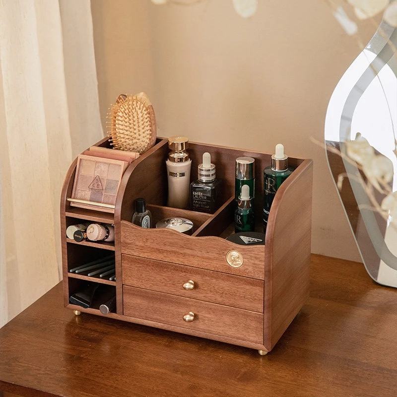 

Vintage Style Solid Wood Cosmetic Organizer - Multi-Layer Makeup Storage Shelf with Drawer for Skincare, Bathroom Decor