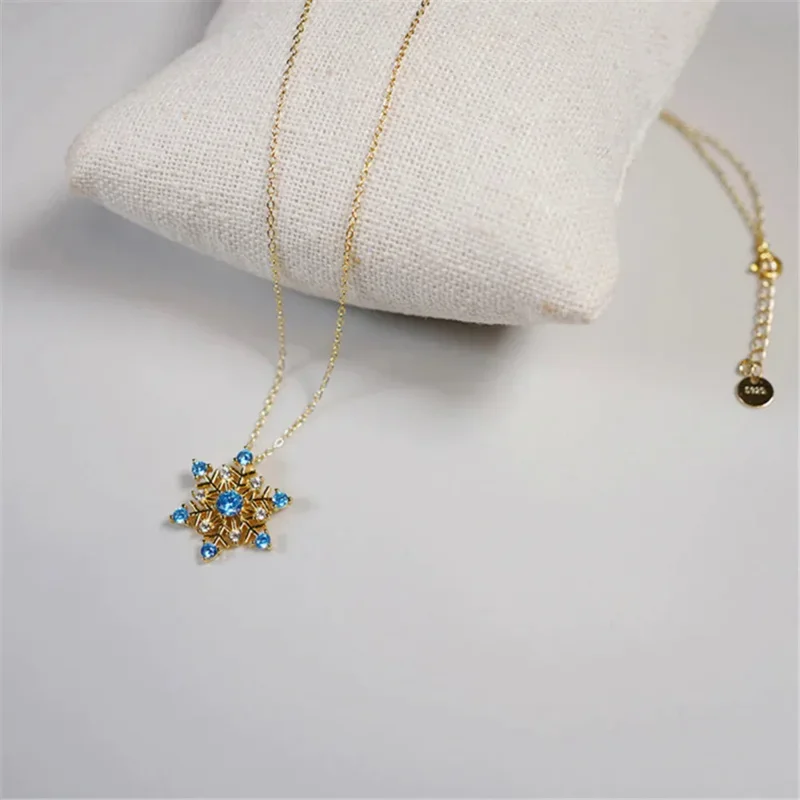 Colgante de copos de nieve con incrustaciones de circonita azul para mujer, collar largo de temperamento, cadena de suéter de plata de ley s925, joyería de lujo romántica