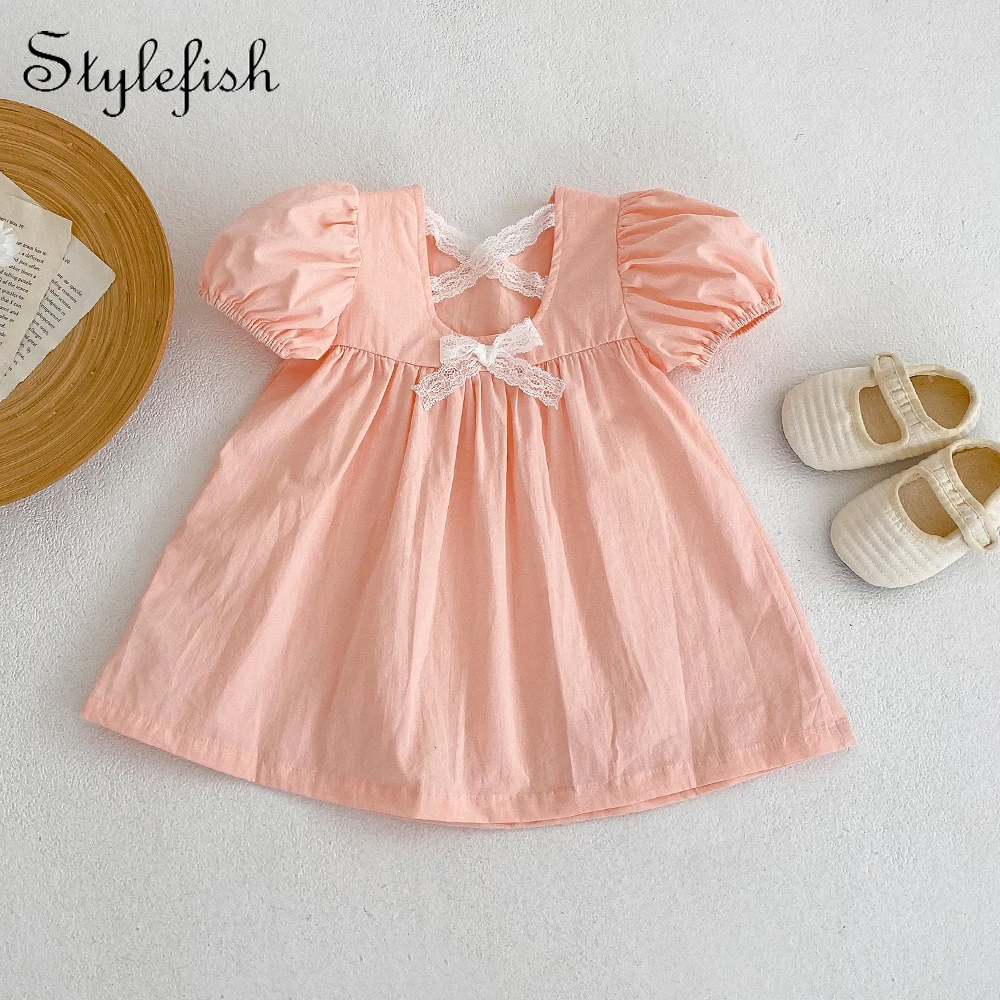 Ins summer girls' 0-3 year old baby children's 100-day banquet dress bubble short-sleeved cotton lace skirt