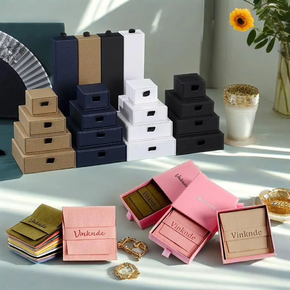 

Paper Drawer Boxes With Microfiber Velvet Bag Fashion Cardboard Earring Necklace Ring Packaging Gift Jewelry Storage Box Pouch