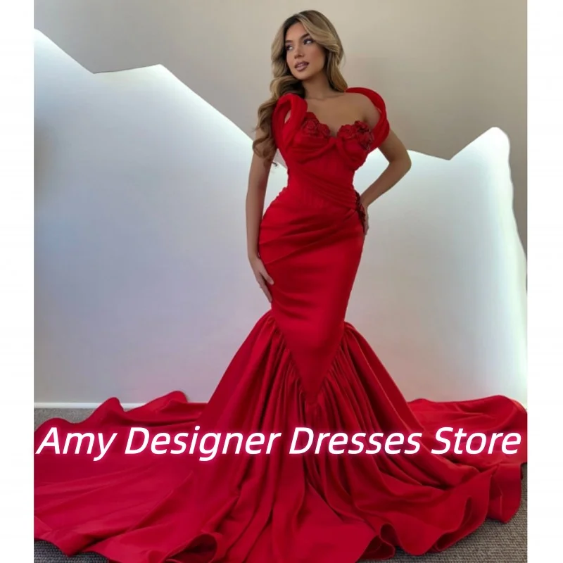 ชุดราตรีสีแดงทรงเมอร์เมดสำหรับผู้หญิง สไตล์ซาอุดิอาระเบีย เปิดไหล่ ชุดออกงานหรูหรา สามารถสั่งตัดได้