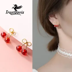 TrustDavis 925 Sterling Silver Fashion Women Jewelry Red Synthetic Red Pomegranate Cherry Stud Earrings For Wedding Gift DB1065