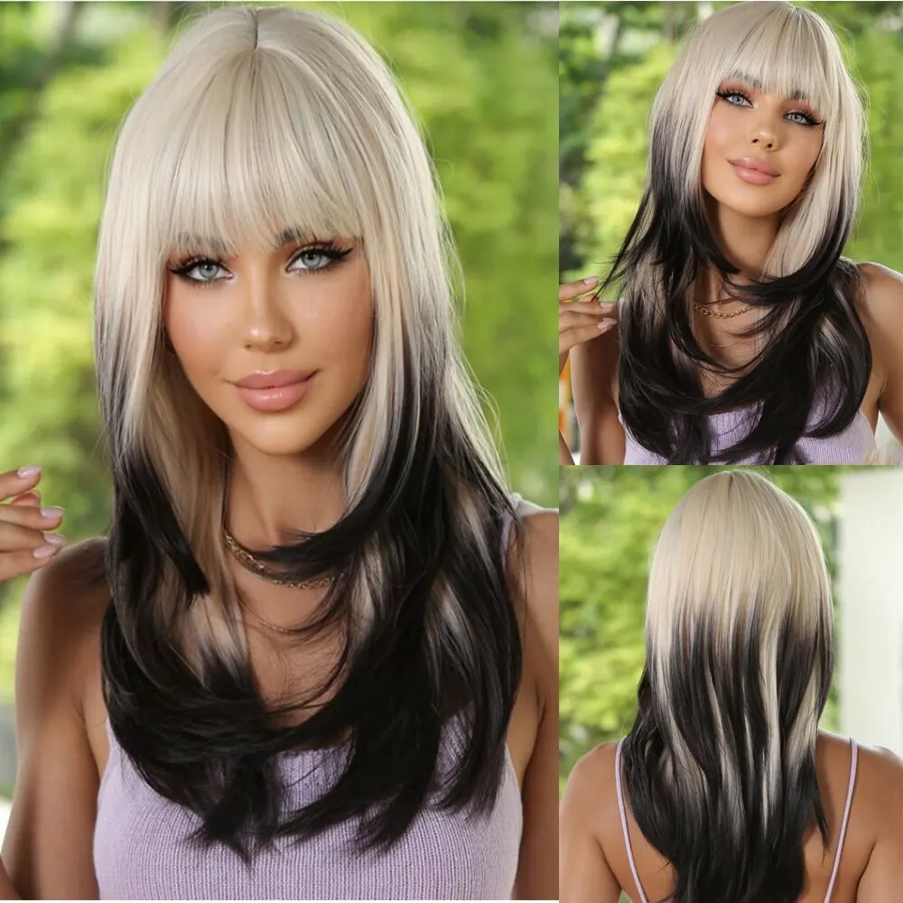 Synthetic White Gradient Black Layered Long Straight Hair Heat Resistant Wig Suitable For Everyday Halloween Party Use