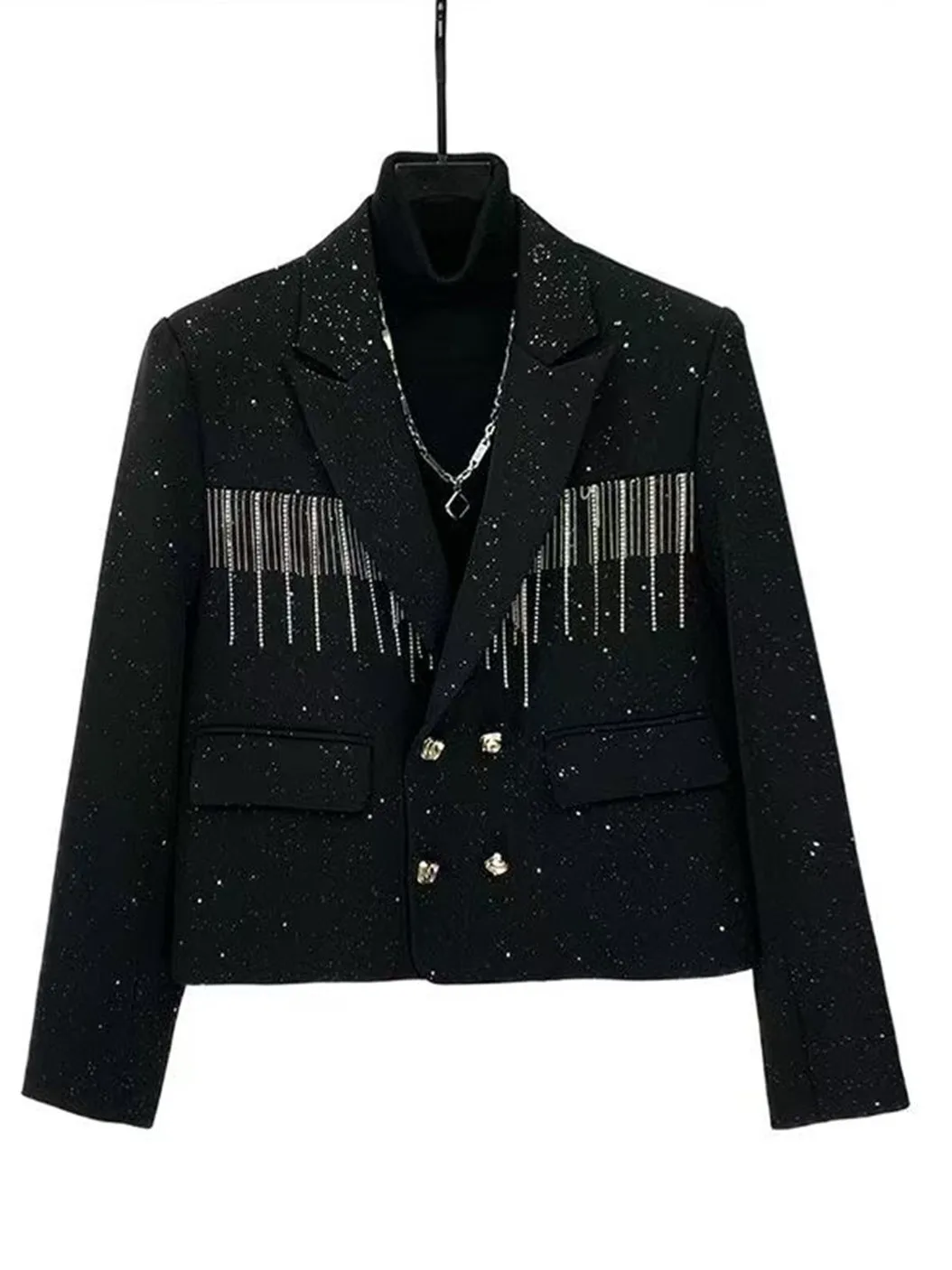 Casual Spring Men's Suit Jacket with Chain Fringe Nightclub Outerwear Standard Fit Long Sleeve Two Button Double Row Button P...