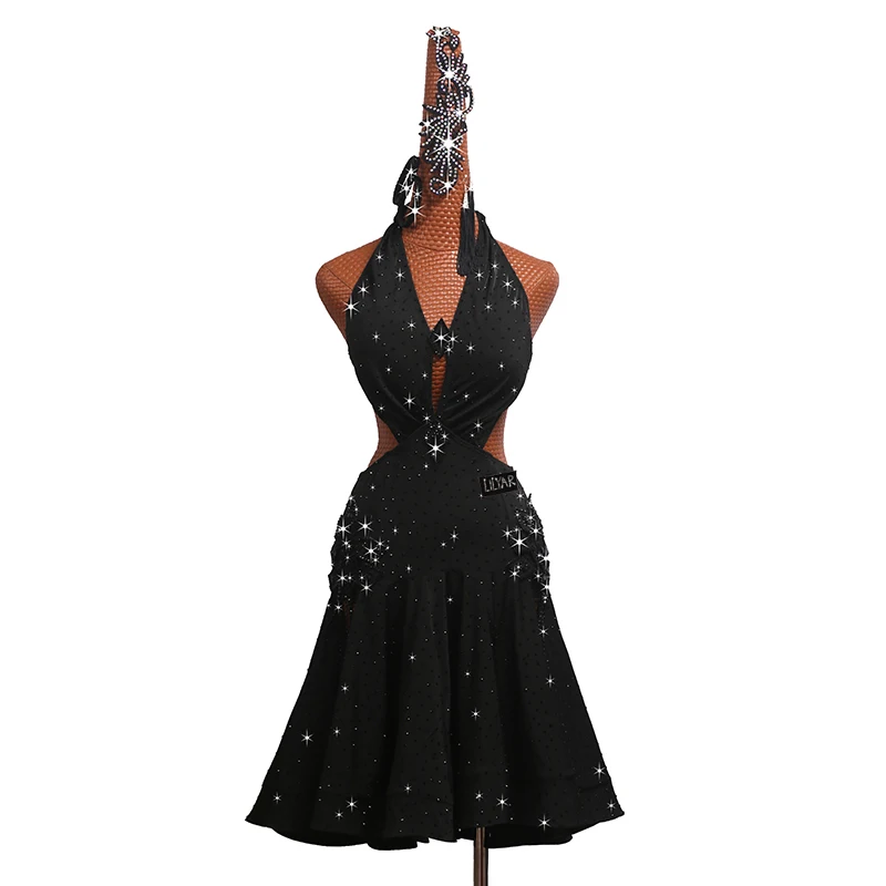 New professional Latin dance competition performance, adult black high-end sparkling diamond backless waist up dance dress