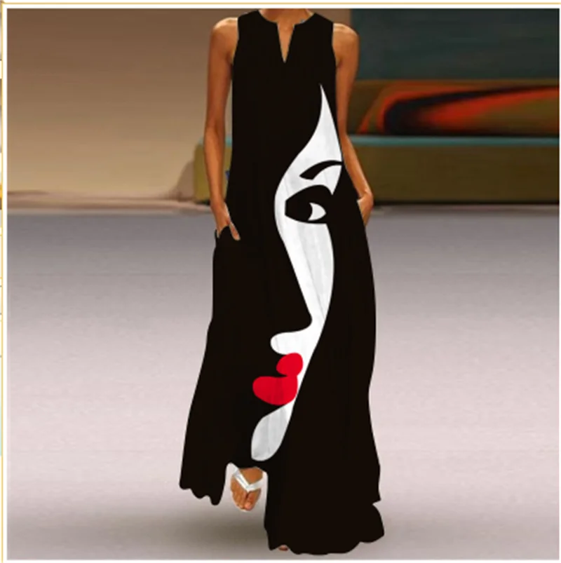 Fashion Lady Summer Long Women's Dress Black Sleeveless Loose Face Print Eleganckie sukienki imprezowe dla kobiet Casual Beach Dress Robe