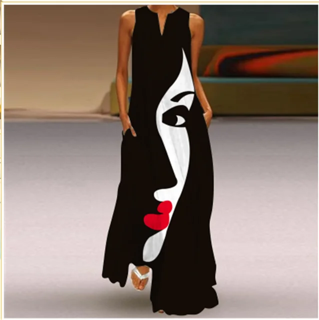 Fashion Lady Summer Long Women's Dress Black Sleeveless Loose Face Print Eleganckie sukienki imprezowe dla kobiet Casual Beach Dress Robe