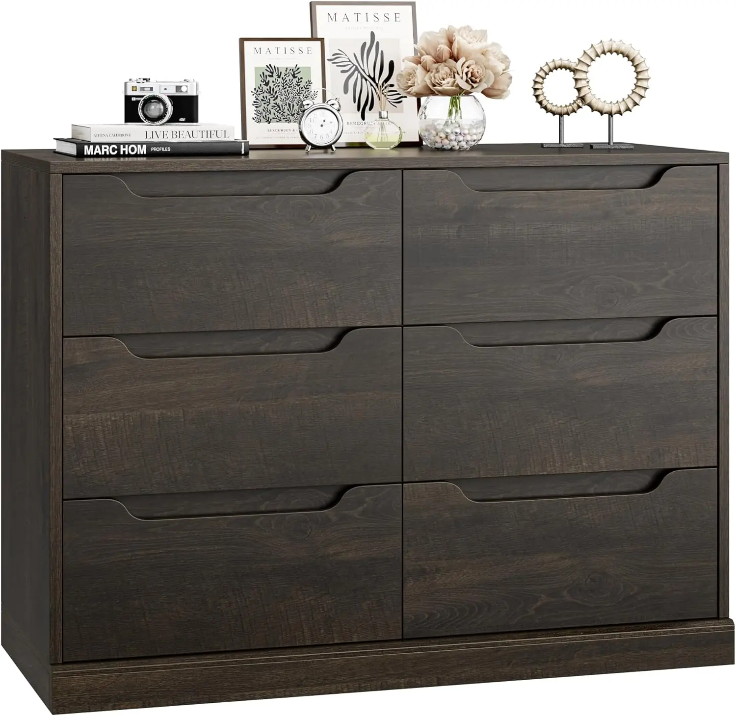 Modern 6 Drawer Dresser for Bedroom, Double Chest of Drawers with Storage, Large Wooden Storage Dresser Organizer with Cut-Out H