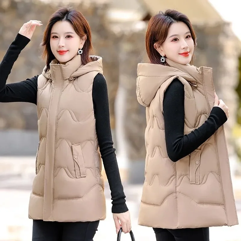 

2025 New Woman Jacket Vest Autumn Winter Cotton-Padded Coat Vest Female Hooded Sleeveless Cotton Jacket Waistcoat Chaleco Mujer