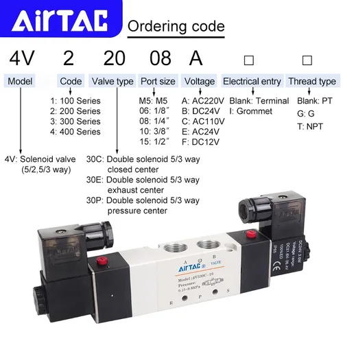 Imagen 2 del producto Válvula Solenoide doble neumática Original AIRTAC de 5/3 vías 4V130C-06/M5 4V230C-08 4V330C-10 E P válvula de inversión 12V 24V 110V 220V