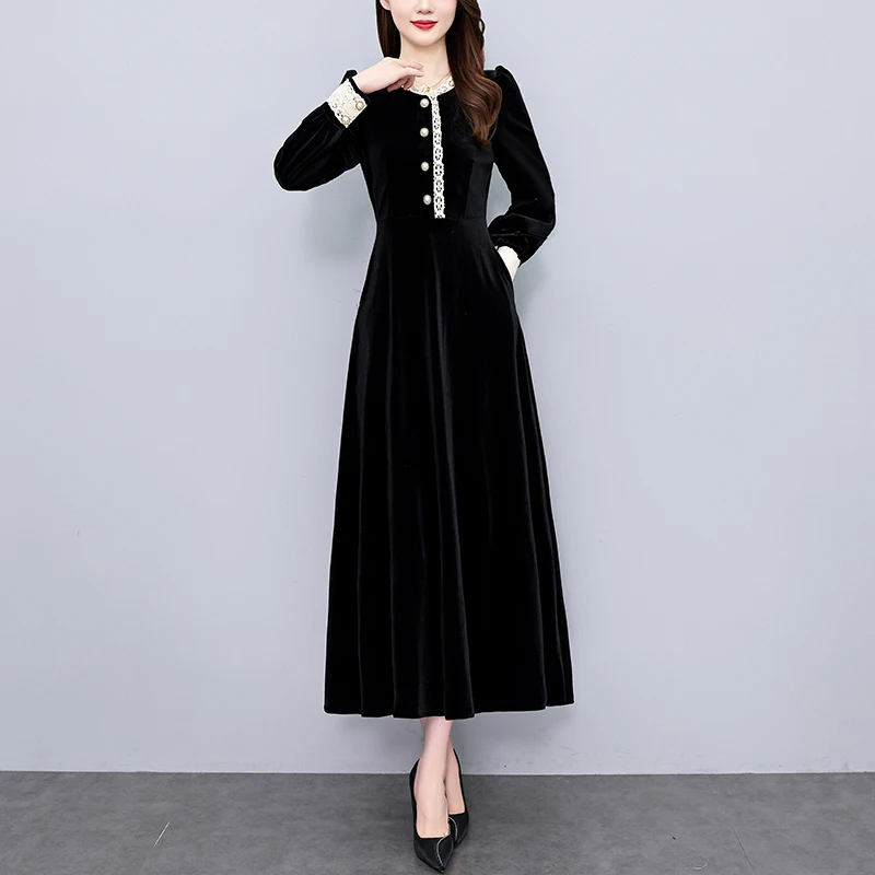 M-3XL Elegant Women Lace Trims O Neck Velour Long Dress 2024 Autumn Winter Single Breasted Pockets Black Velvet Office Vestidos