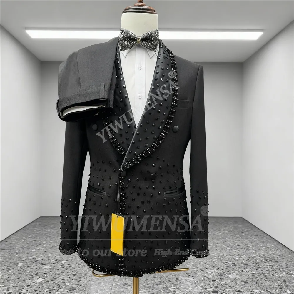 الراين مطرز دعوى الملابس للرجال 2 قطعة مجموعات مزدوجة الصدر سترة السراويل مخصصة العريس الزفاف البدلات الرسمية الذكور الحلل