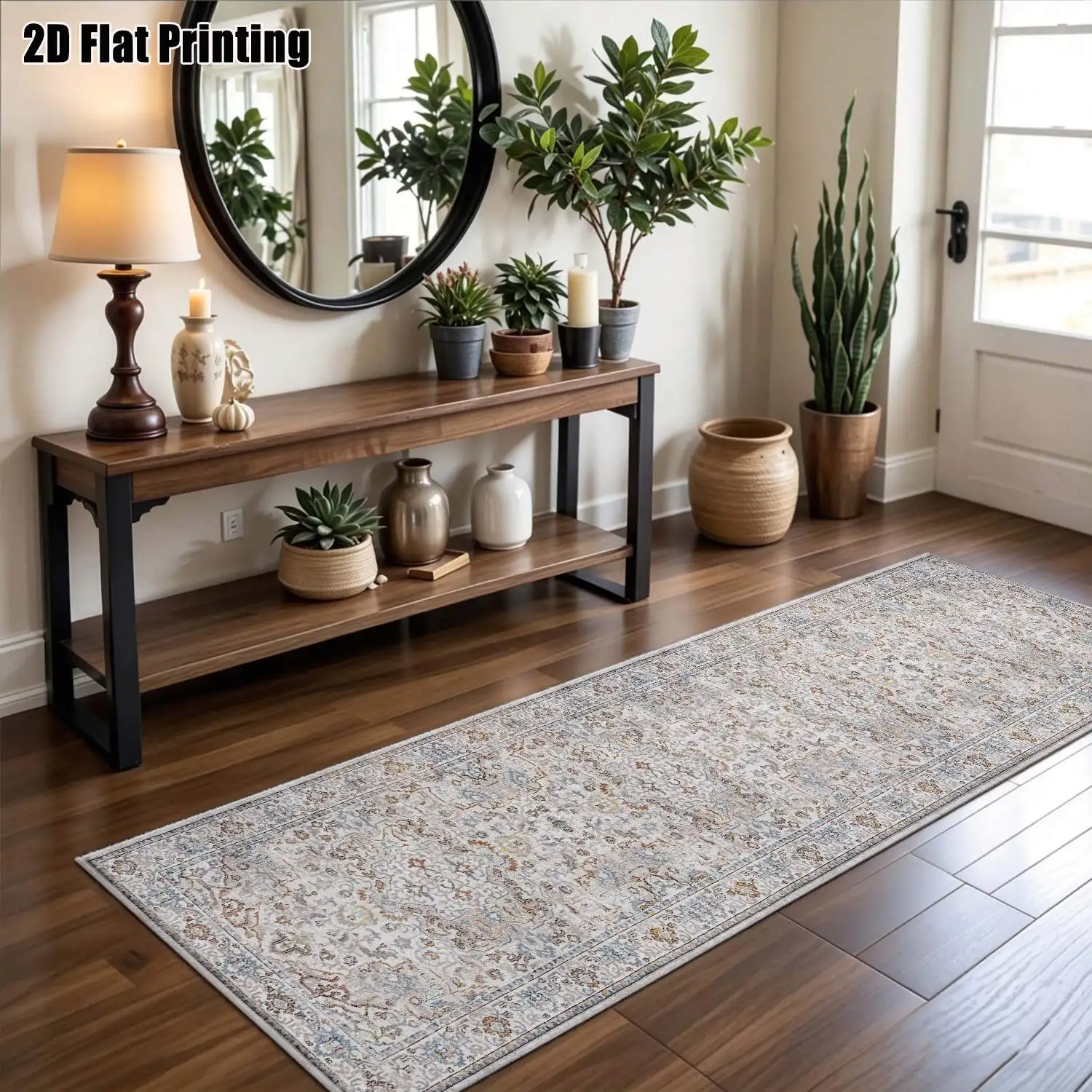 1Pc 2D Printed Striped Runner Rug: Blue-Grey Retro Floral Pattern, European/Bohemian/Geometric Style, Machine Washable, Multi-Size, Home Decor for Corridor, Entrance, Living Room, Bedroom