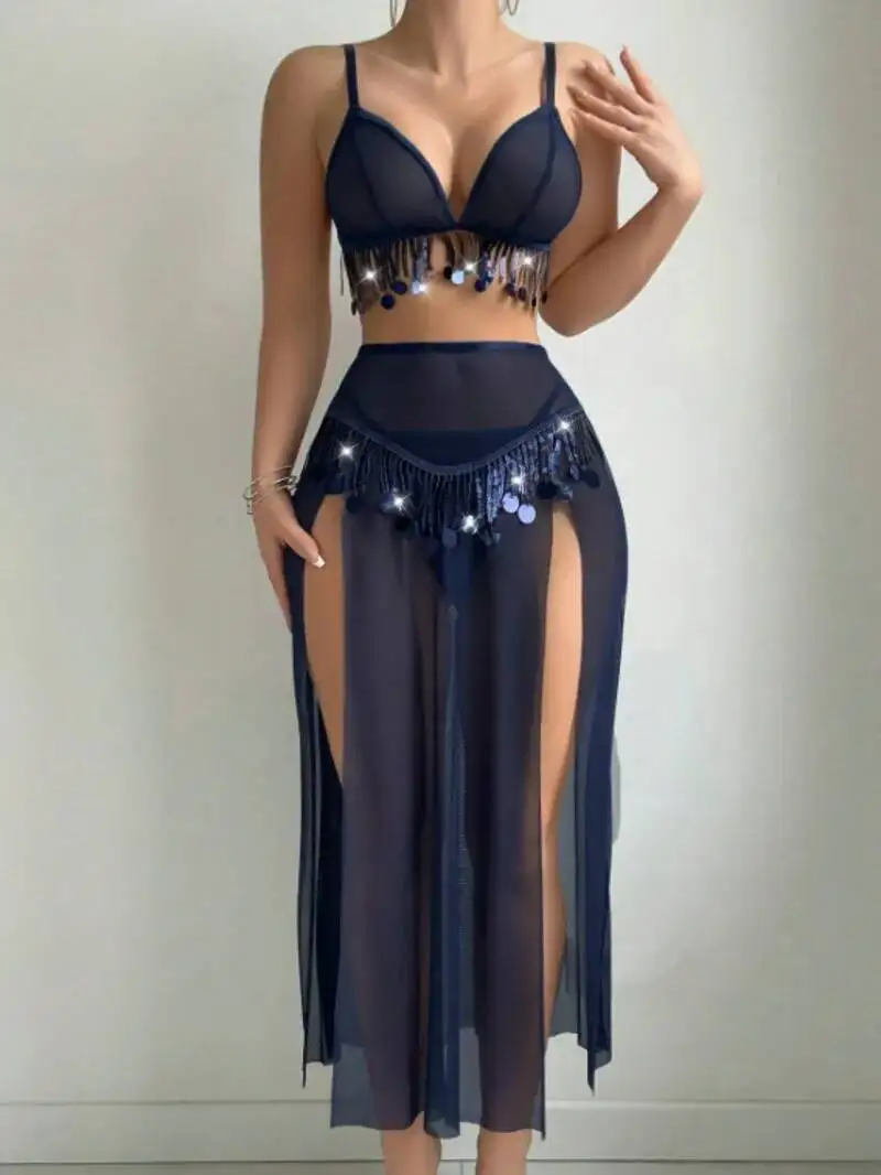 

Новые элегантные комплекты юбок, сексуальные женские комплекты юбок для латинских танцев с бусинами и блестками, сетчатые прозрачные комплекты юбок Pure Desire ZKHZ