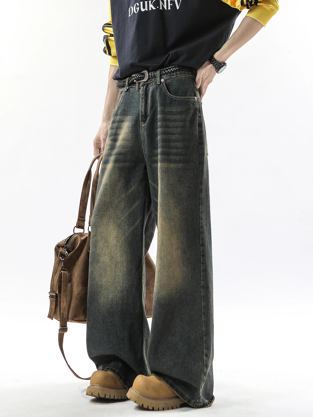 

Синие выцветшие широкие джинсы в стиле ретро для мужчин и женщин, весенние новые свободные прямые брюки длиной до пола, повседневные джинсы High Street Sle