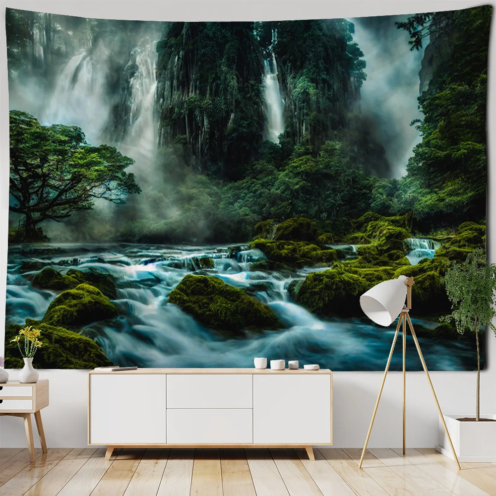 Bohemian style tapestry home decoration wall hanging forest waterfall landscape background cloth bedroom living room dormitory