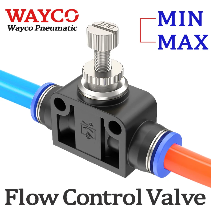 5 reguladores de flujo neumáticos, controladores de velocidad manuales, válvulas de aceleración manuales, conectores de liberación rápida de 4 mm, 6 mm, 8 mm y 10 mm.