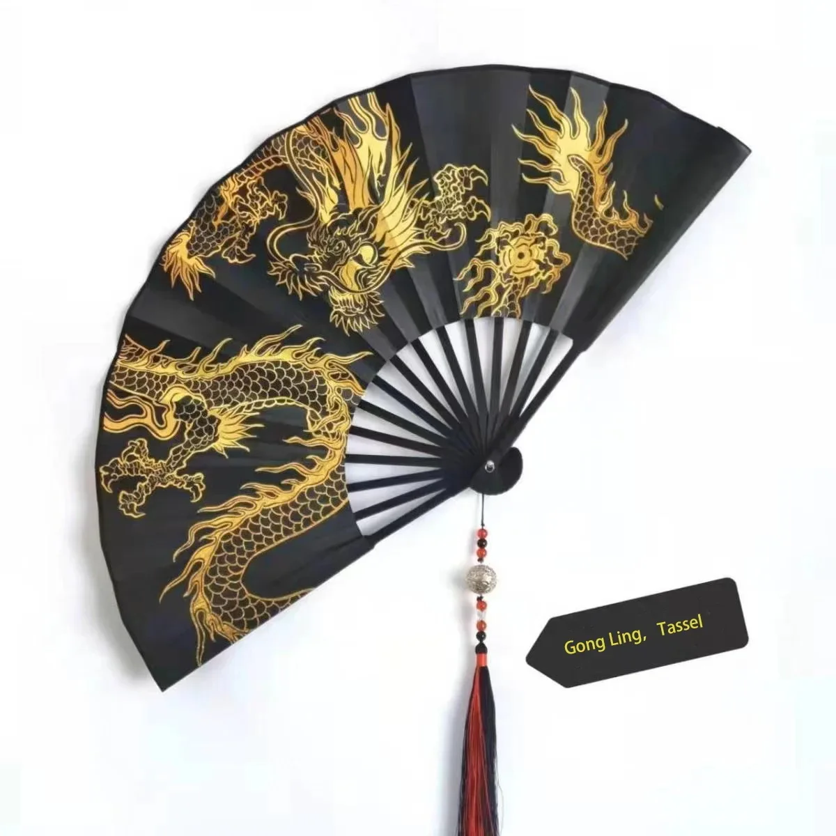 Chinese Dragon Folding Fan,  Black Bamboo Hand Fan with Tassel, Portable Summer Outdoor Cooling Fan for Men Women, Home Decor