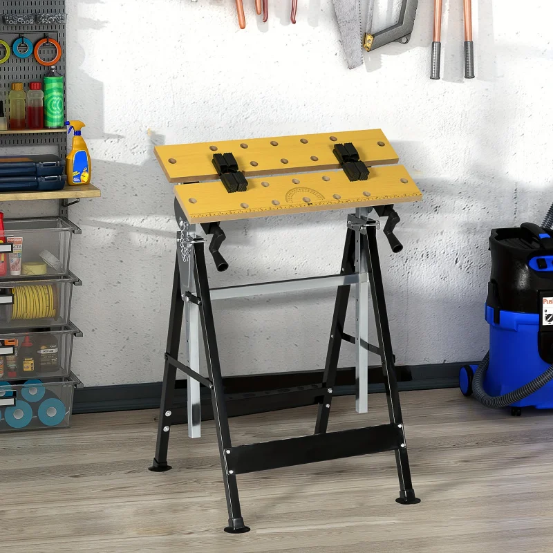 Work Bench Tool Stand With Adjustable Height And Angle, Carpenter Saw Table With 4 Clamps, Steel Frame, 220lbs Capacity