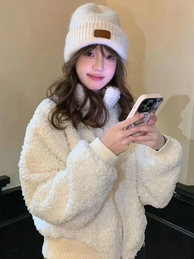 Chic Cute Faux Lamb Coat Women Preppy Style Long Sleeve Sweet Jacket Winter Warm Stand Collar Fashion Korean Kawaii Outwear Tops