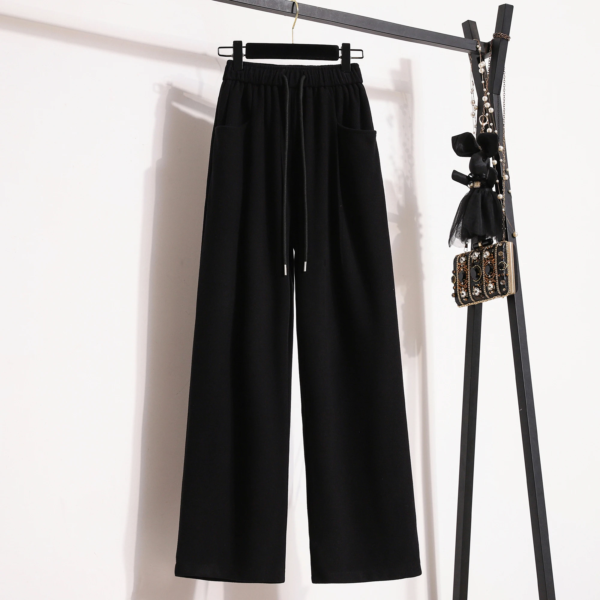 High Waist Knitted Wide Leg Casual Pants Straight Cut Long Trousers Drawstring Elastic plus Size Women's Spring Autumn Slimming
