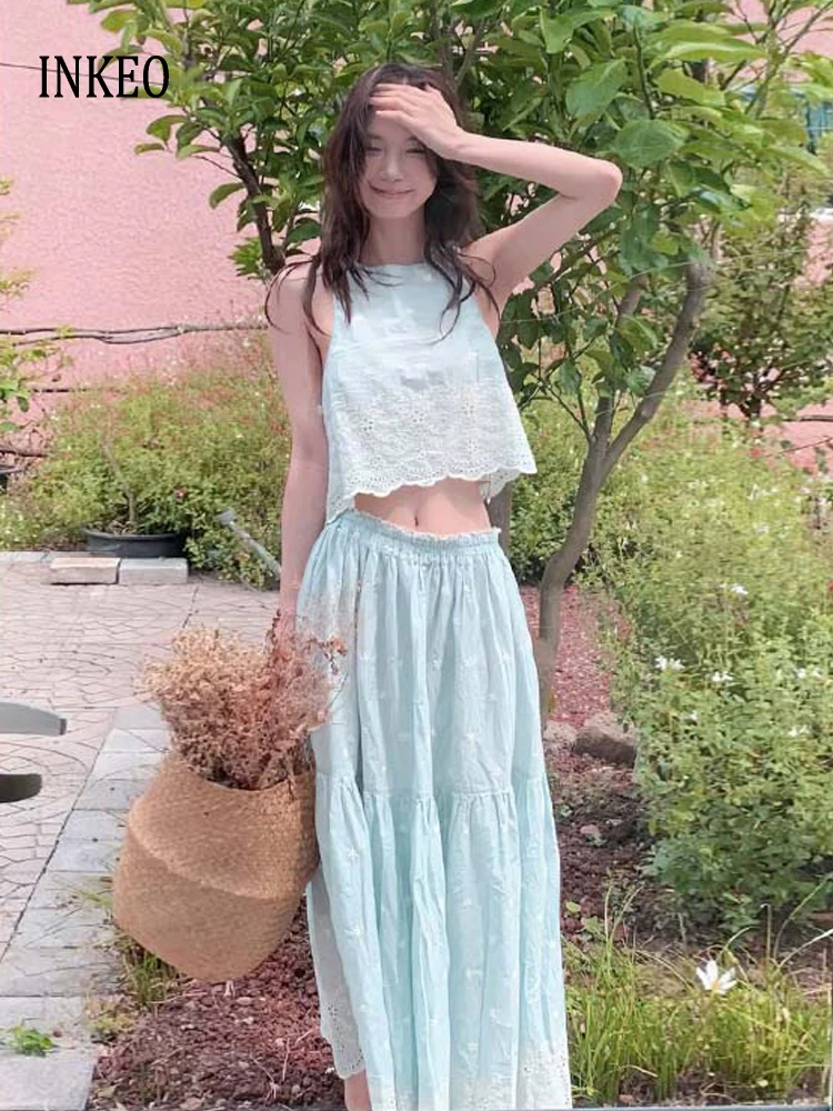 

Beach Women's Lace emboridey tops Women's 2 Piece set 2025 Summer Chic Hollow out Sleeveless vest Elastic waist long skirt 5T032