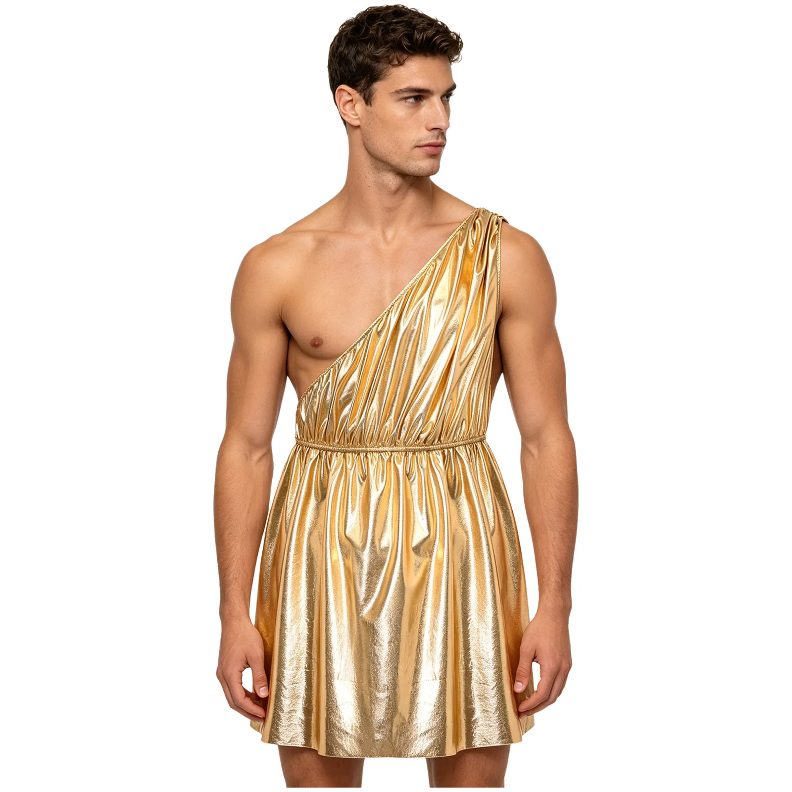 Fotografia 4: Fantasia Masculina Toga Grega Romana de Um Ombro Só, Metálica Brilhante, Túnica de Cosplay de Mitologia Antiga para Festa Temática de Halloween