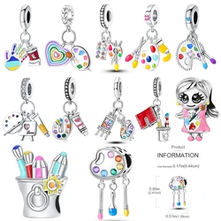 925 Sterling Silver Artist Brush Tools Color Palette Oil Painting Charms Girl Beads Fit Necklace Bracelets DIY Jewelry Gifts