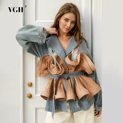 VGH Hit Color Patchwork Ruffles Casual Denim Jackets For Women Lapel Long Sleeve Spliced Lace Up Tunic Coats Female Fashion New