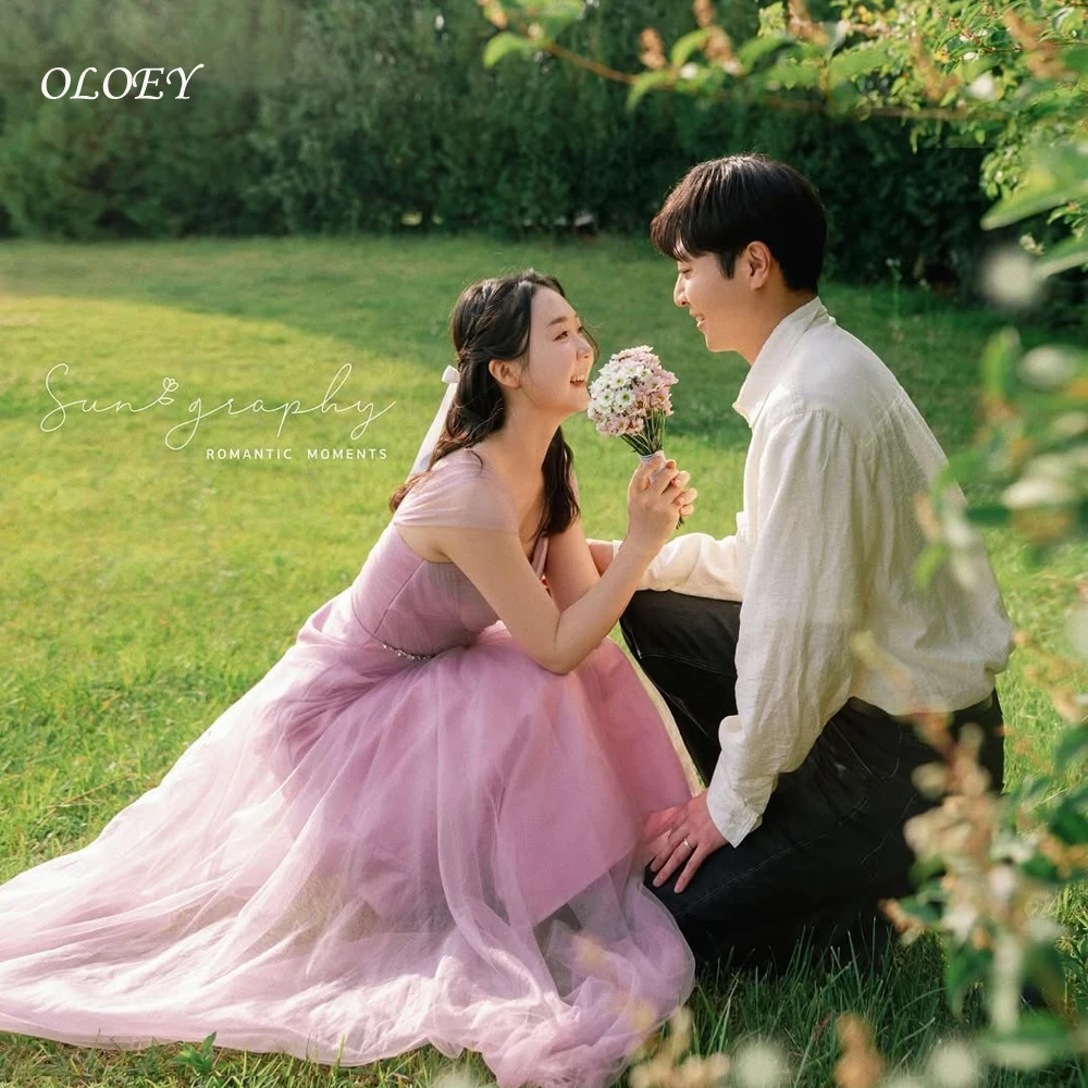 فساتين OLOEY بسيطة بطول الأرض للحفلات الراقصة من التول للحفلات المسائية بدون أكتاف فساتين زفاف كورية لالتقاط الصور حسب الطلب