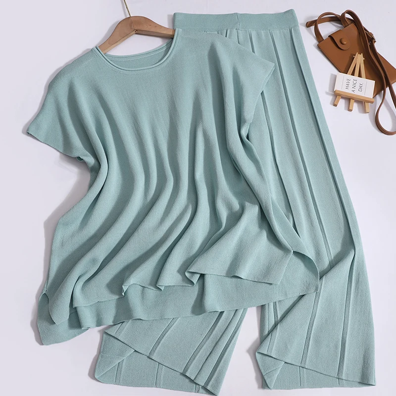 Women Chic Summer Loose Raglan Sleeve Camis Pleated Wide Leg Pants Split Top Casual Thin Elastic Band Pants Two-piece Set Spring