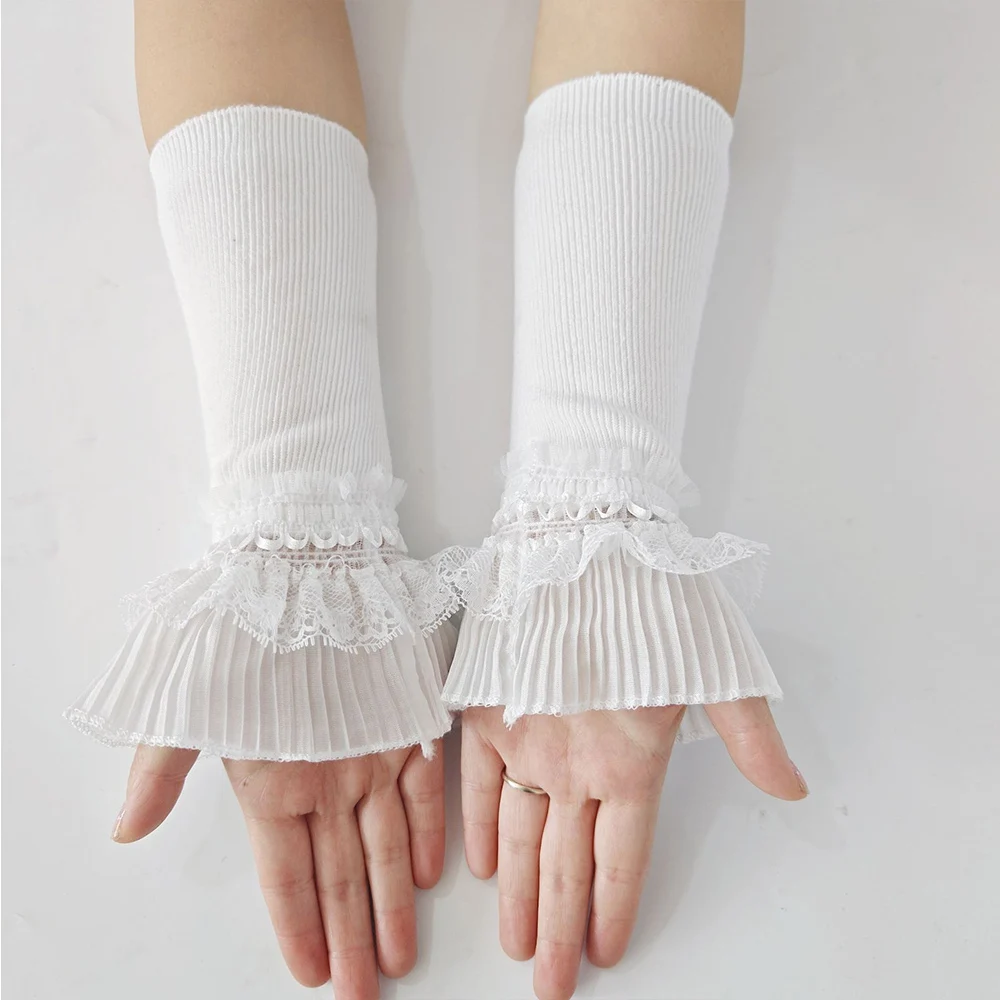 Y2K Women Lolita Jk Lace Sleeves Elastic Mesh Punk Gloves Gothic Black White Sexy Strapping Sunscreen Sleeve Elastic Arm Warmers