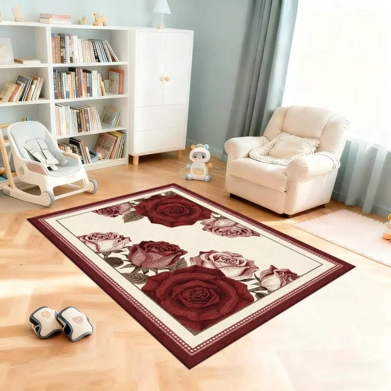 Vintage Red Rose Border Area Rug Non Slip Washable Large Floor Carpet For Bedroom Wedding Home Decor