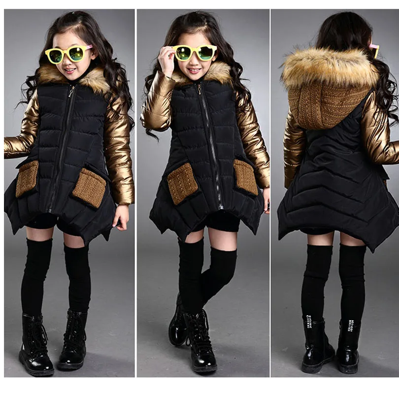 

New Fashion Girl Snow Overcoats Princess Down Fur Collar Girls Jackets Cotton Padded Clothes Winter Children Outerwear Coats