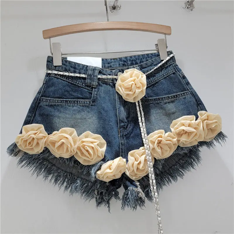 Handmade 3D Flowers Slim Denim Shorts Women Summer Autumn High Waist Short Jeans Trousers Floral Embroidery Pantalones