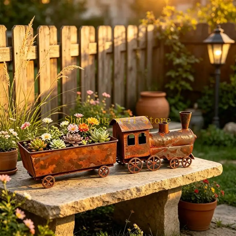 KX4B Iron Train Flower Pot with Open Rectangular Planting Compartment and Wheel Features for Flowers, Succulents, Tabletops, and