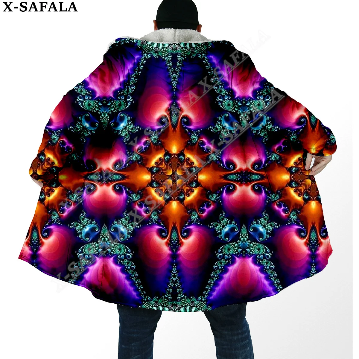 Hippie Psychedelic Colorful Trippy 3D Print Dream Cloak Thick Warm Hooded Men Overcoat Coat Windproof Fleece Cape Robe Blanket-7