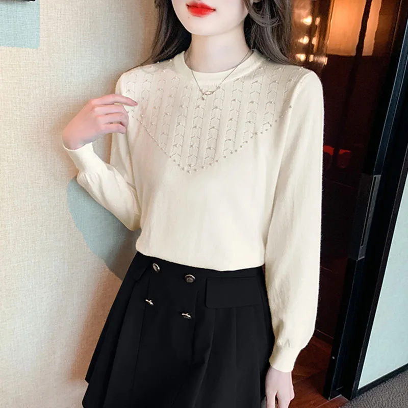 

New Autumn and Winter Fashion Trend Beaded Round Neck Loose and Versatile Western Style Slim Long Sleeve Women's Knitted Sweater